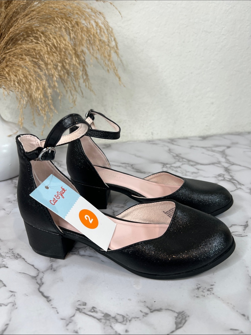 Cat & Jack Black Glitter Ankle-Strap Block Heel Girls' Dress Shoes Size 2